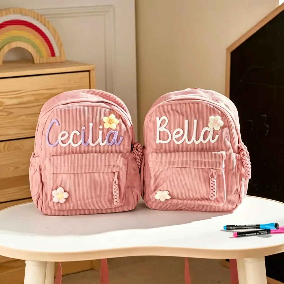 sac à dos en velours côtelé personnalisé 1 pièce, lettres brodées à la main, décorations florales/animales, cadeau idéal.