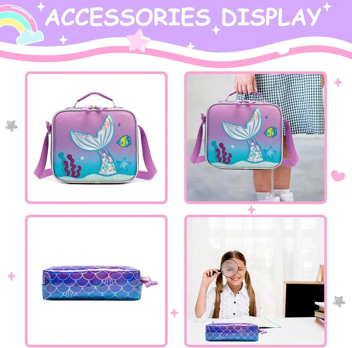 sac dos polyester dessin animé rose bleu queue sirène poissons ordinateur compartiments roues silencieuses école enfants