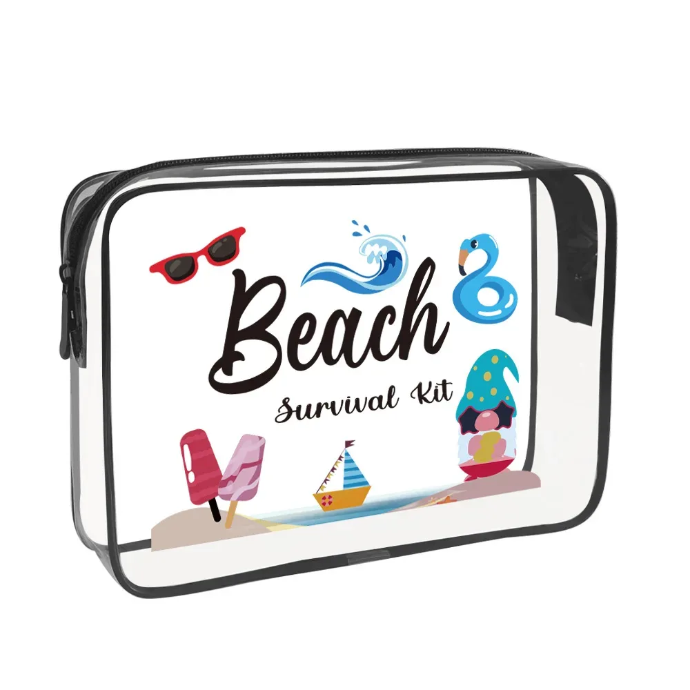 trousse toilette pvc transparent motif hello summer bleu flamants roses lunettes soleil chaussons voyage cosmétiques maquillage
