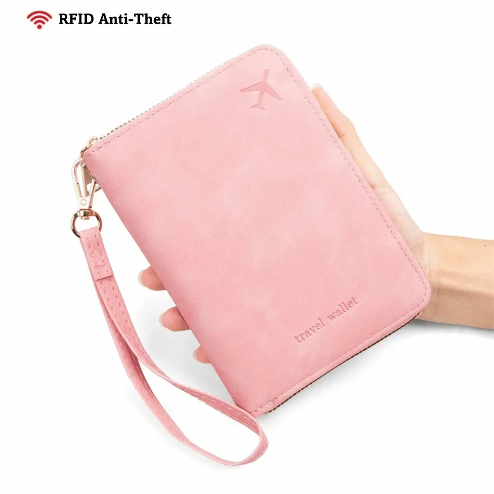 porte-passeport multifonctionnel en pu anti-rfid, couleur unie, avec fermeture éclair, porte-monnaie unisexe
