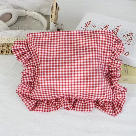 pochette à maquillage personnalisée en seersucker à volants, trousse de toilette en chenille avec nom, sac de voyage pour cosmétiques, cadeau pour elle, trousse de maquillage du matin pour la mariée