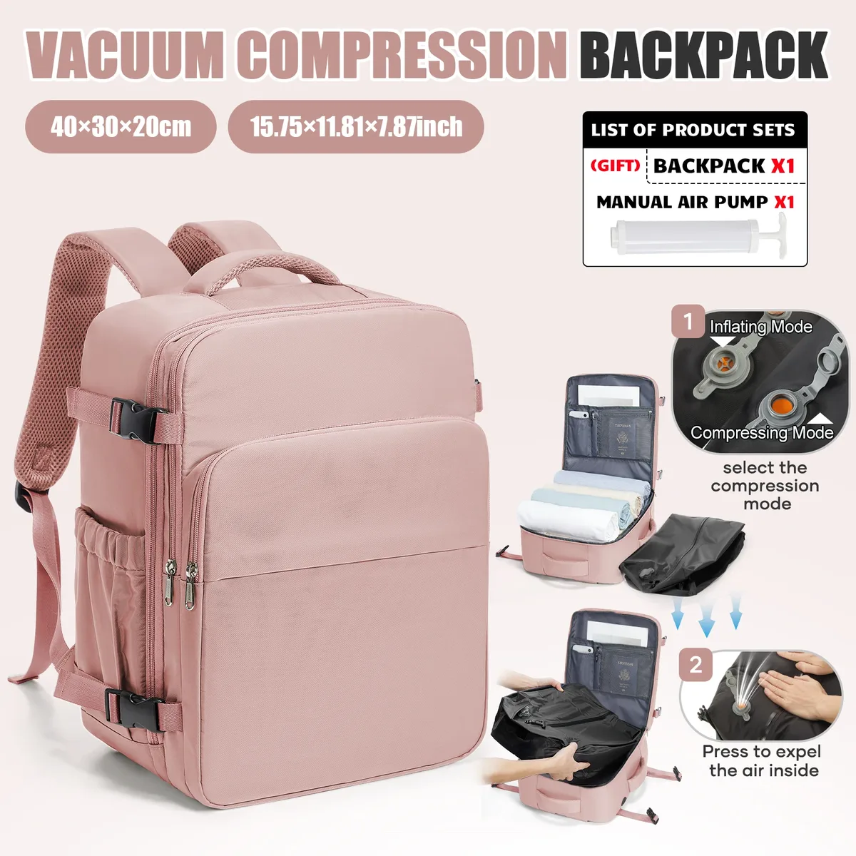 sac à dos 40x30x20 pour avion, bagage à main ryanair avec sac de compression sous vide, sac à dos pour femme, sac à dos sous vide, sac à dos pour ordinateur portable