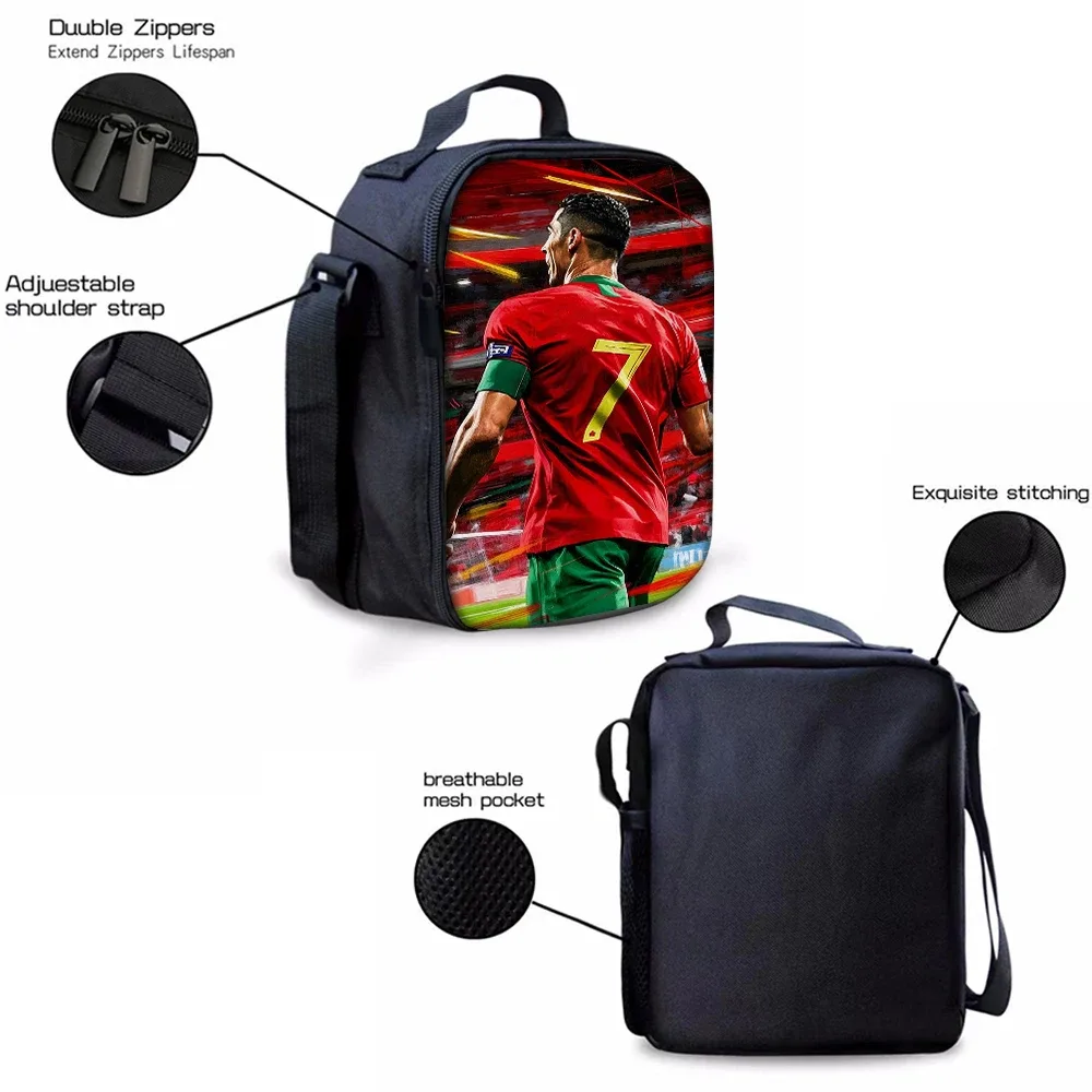 sac dos polyester noir motif joueur football maillot rouge numéro 7 format rectangulaire poignées souple usage voyage