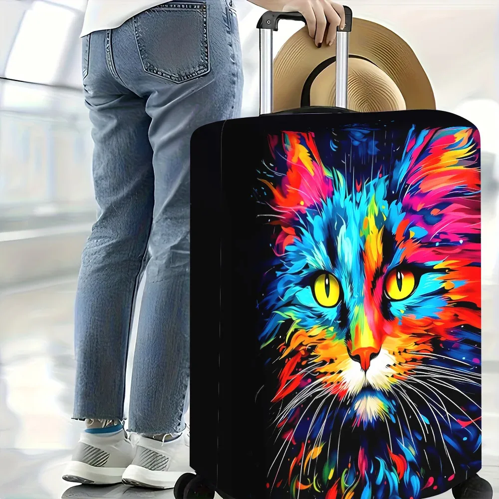 housse valise polyester motif chat yeux jaunes couleurs vivantes poignées rouges noires protection voyage