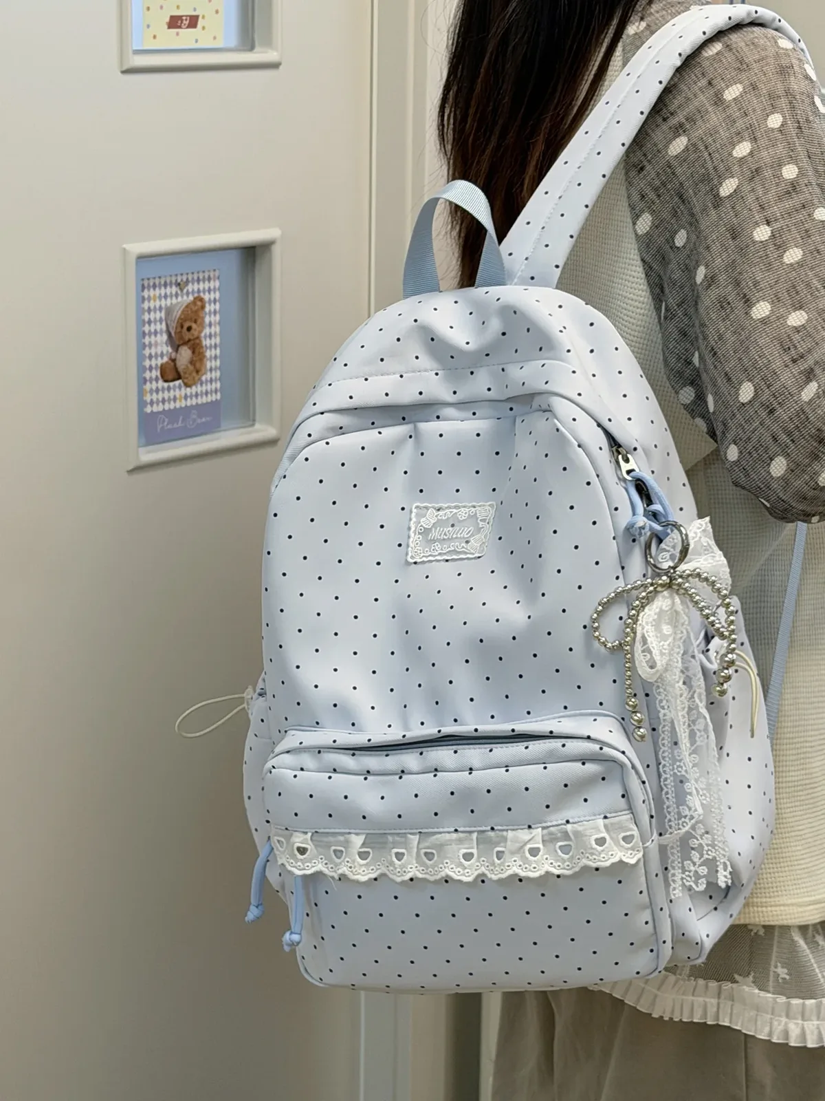 sac à dos à pois de style coréen, sac de voyage scolaire en nylon léger et mignon avec garniture en dentelle pour femmes