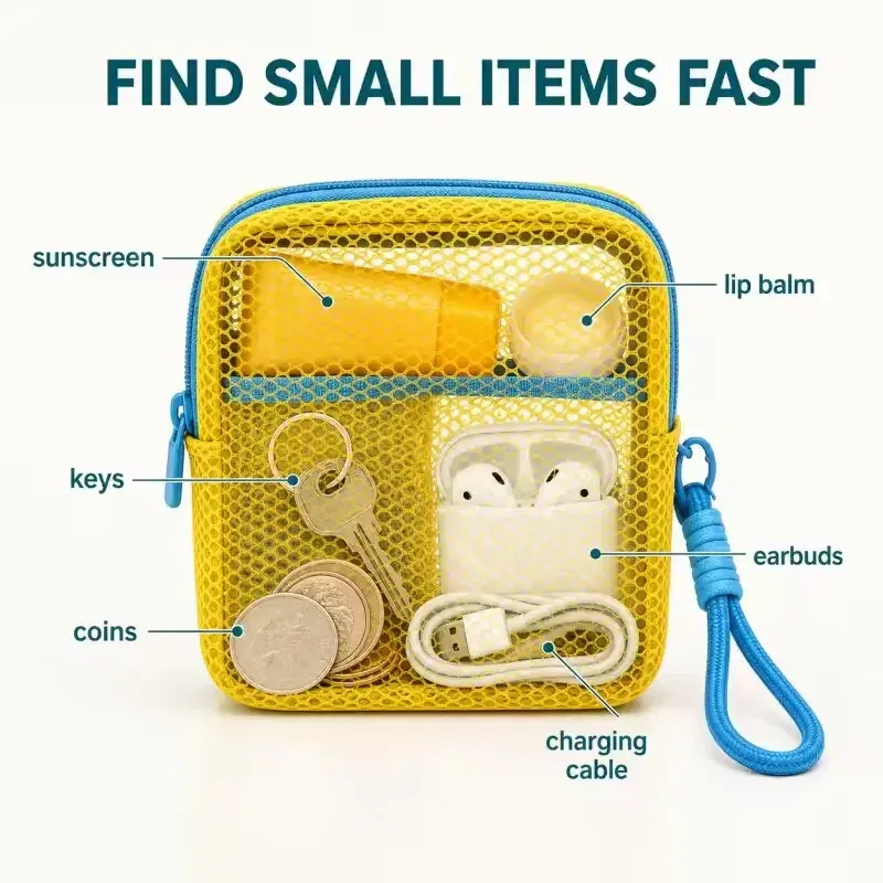 mini pochette en maille dopamine, étui carré coloré pour écouteurs, sac portable pour rouge à lèvres et cosmétiques, organisateur de rangement respirant pour articles de toilette