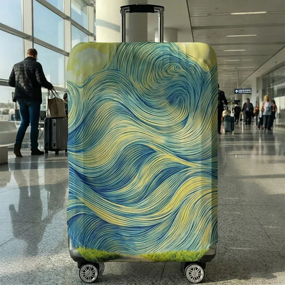 housse de protection pour bagages à motif de lignes ondulées bleu et violet, adaptée aux bagages de 18 à 32 pouces, avec poignées, accessoire de voyage