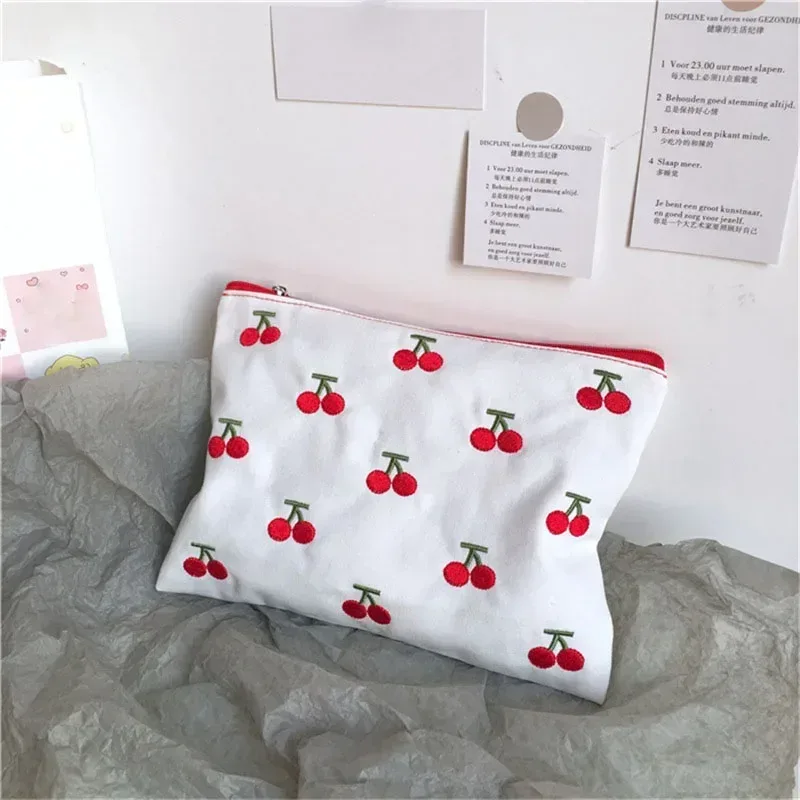 sac à cosmétiques en coton portable mignon cerise broderie femmes sacs de rangement petite femme voyage fermeture éclair maquillage téléphone pochette étui