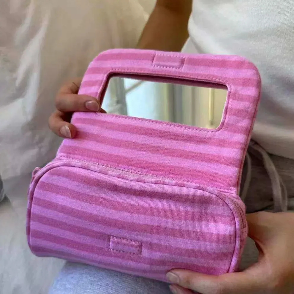 grande trousse de maquillage rayée avec miroir, portable, pliable, à fermeture éclair, organisateur de rangement de beauté pour femmes en voyage.