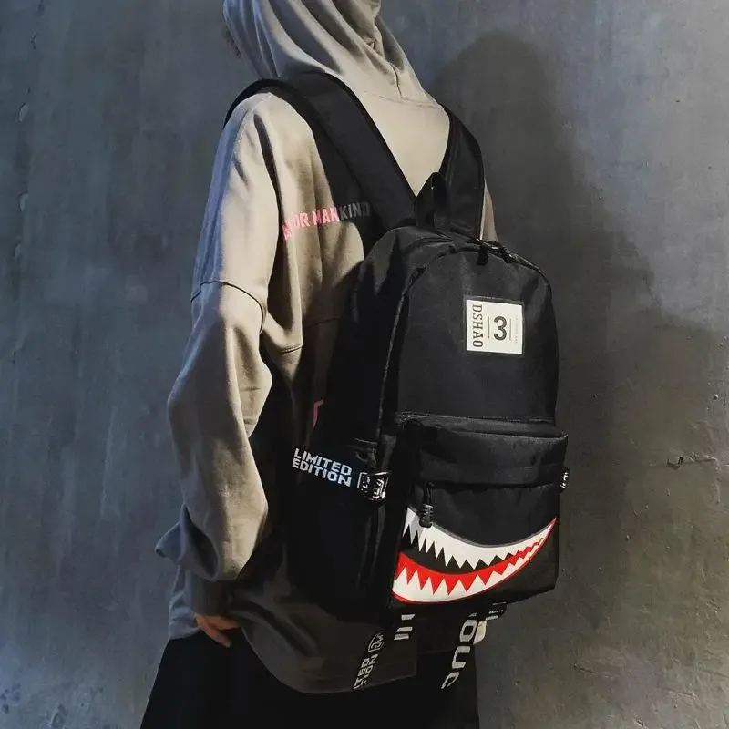 Grands sacs à dos tendance pour filles et garçons, sacs à dos d'école imperméables noirs, sacs de voyage pour femmes avec imprimé requin, mochilas escolares
