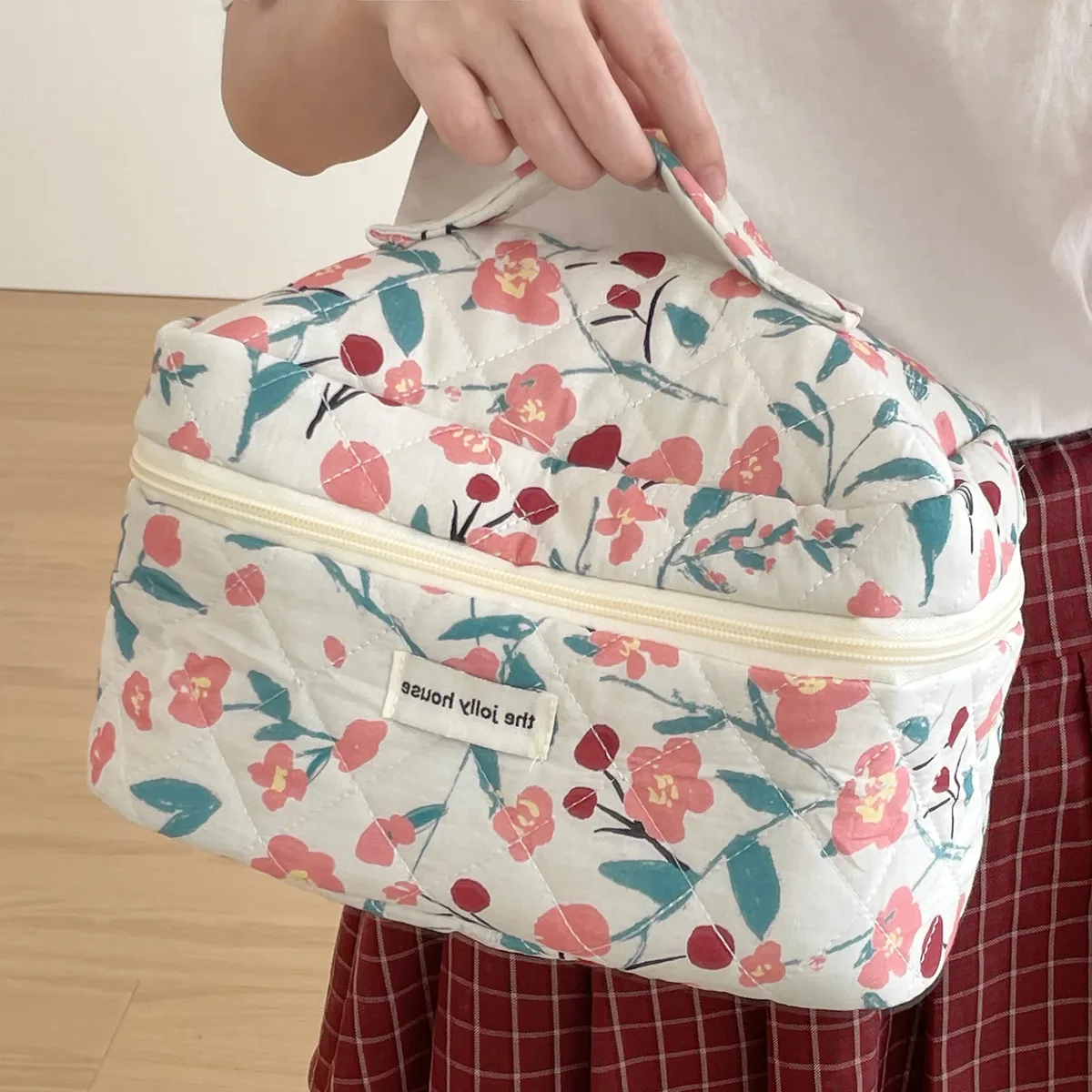 organisateur voyage polyester fleur rose feuille verte fruit rouge décoration floral sac rectangulaire fermeture glissière