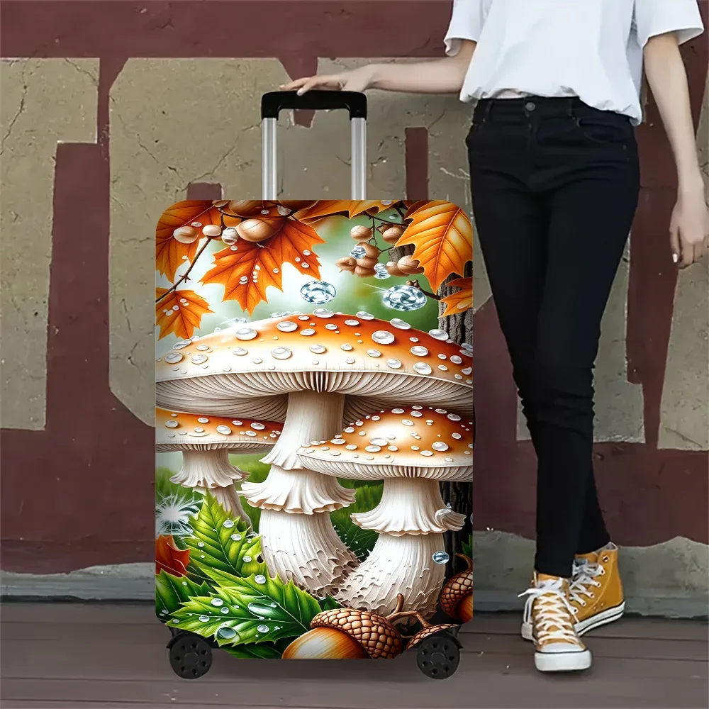 housse valise polyester motif champignons feuilles glands gouttes eau couleur principale vert orange beige protection voyage