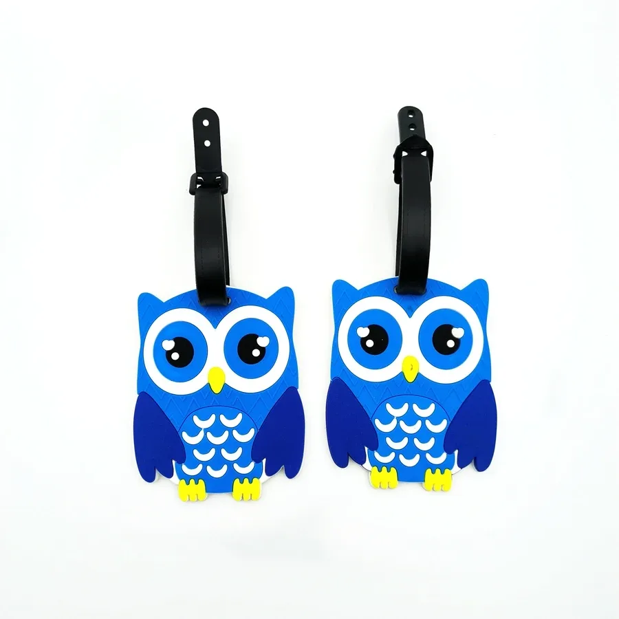 étiquette bagage pvc hibou bleu jaune marron oeil grand ouvert accessoire voyage identification anti perte aéroport