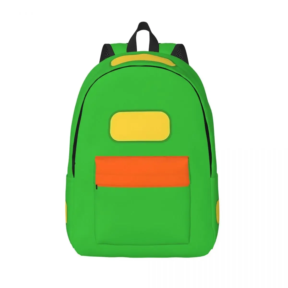 sac dos toile polyester dessin animé vert bandes jaunes orange poches latérales arrière avant école voyage