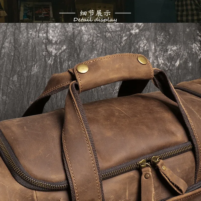 sac à main rétro marron pour hommes, sacoche en cuir de cheval fou, sac de voyage de grande capacité, sac d'affaires de week-end, sacoche à épaule unique