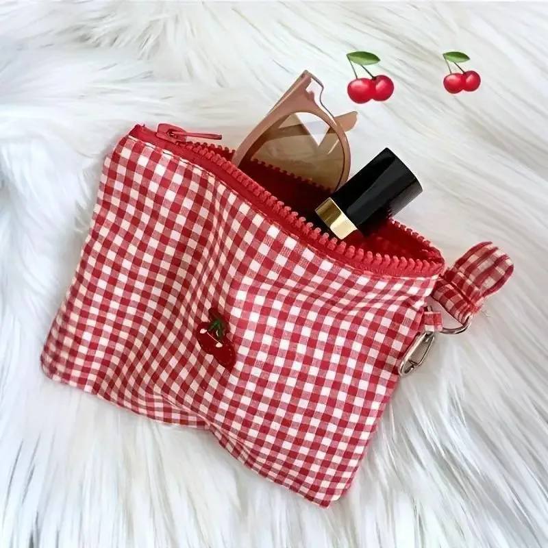 pochette cosmétique en toile imprimée cerise rouge, trousse de maquillage portable à carreaux rouges, petit rangement pour rouge à lèvres, cadeau idéal pour amies