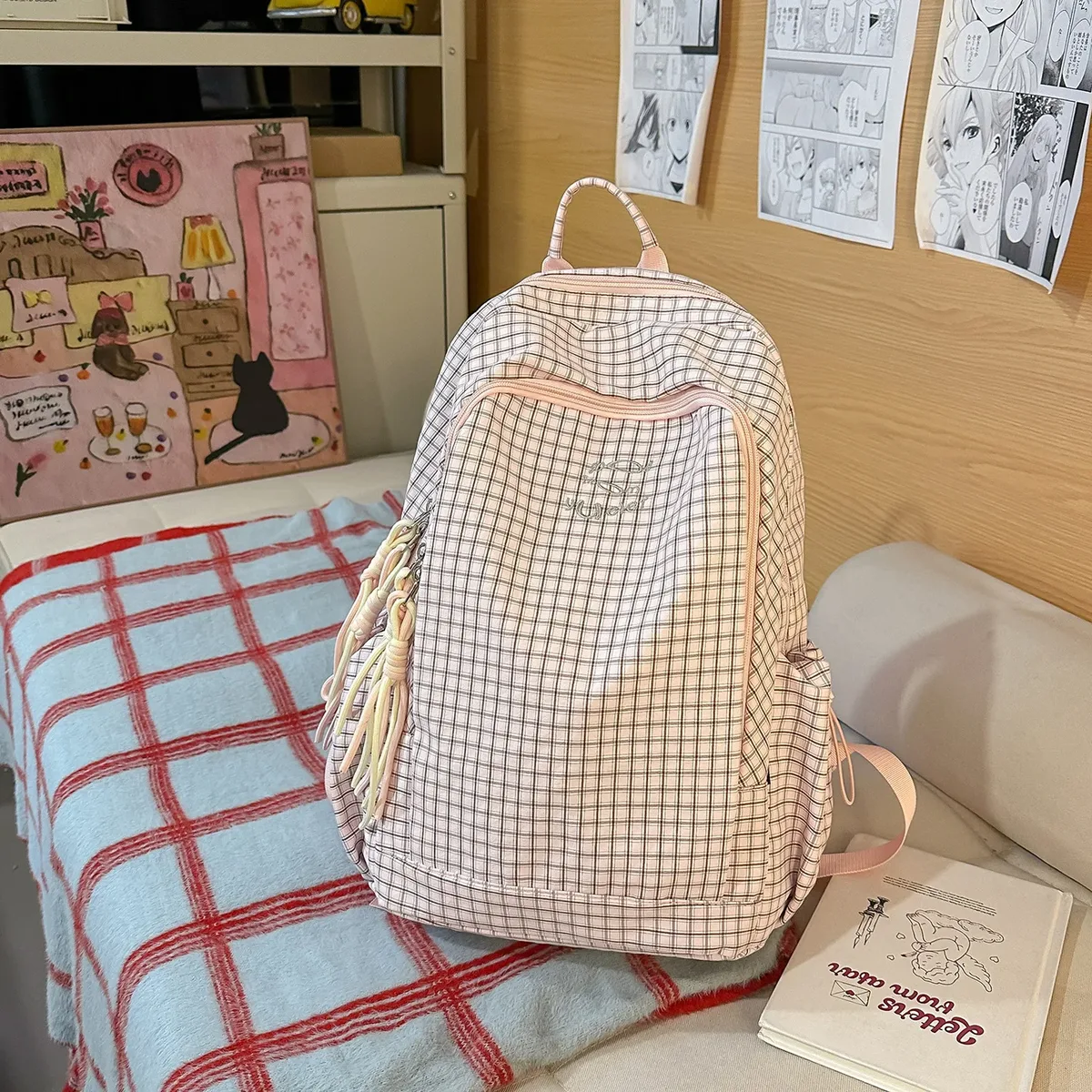 sac à dos coréen à carreaux avec cordon de serrage, grande capacité, pour étudiants et navetteurs, en nylon léger, sac à livres décontracté en forme de seau avec fermeture éclair, couleur foncée
