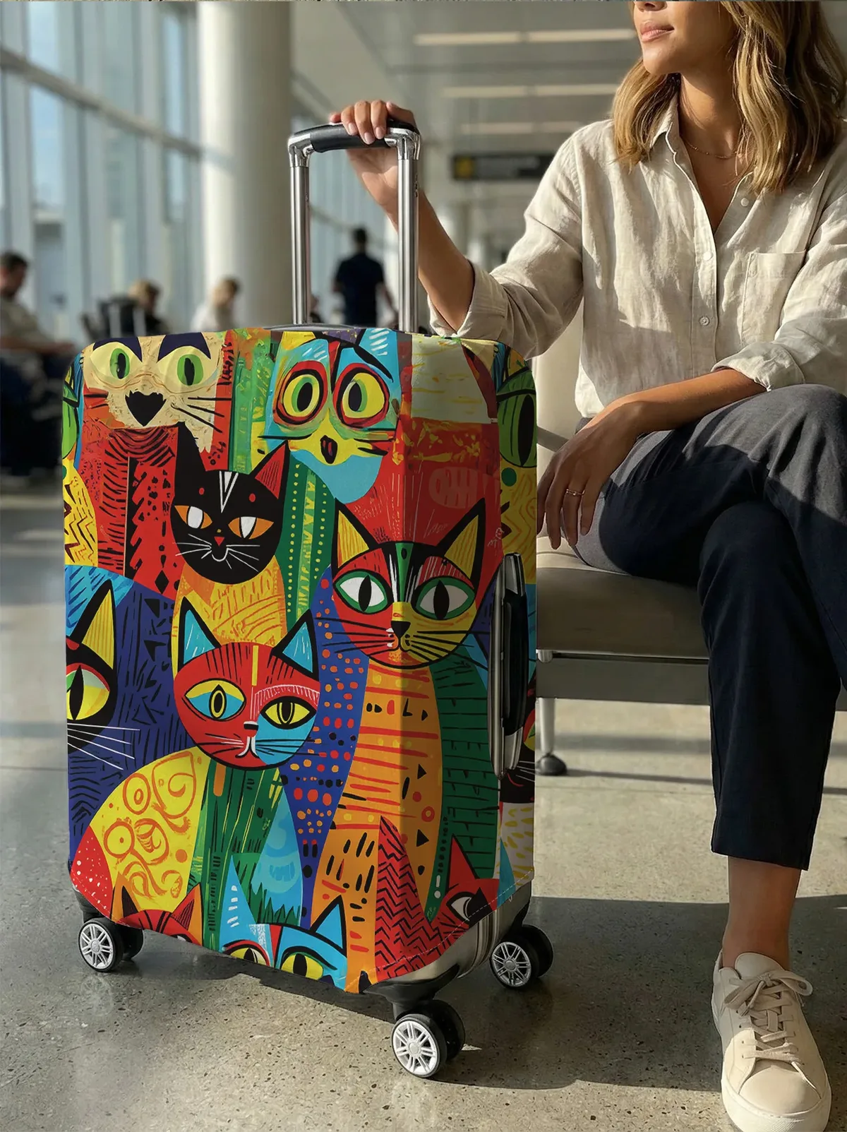 housse de bagage colorée à imprimé chat, adaptée aux bagages de 18 à 32 pouces, gant de protection pour poignée de bagage, accessoires de voyage