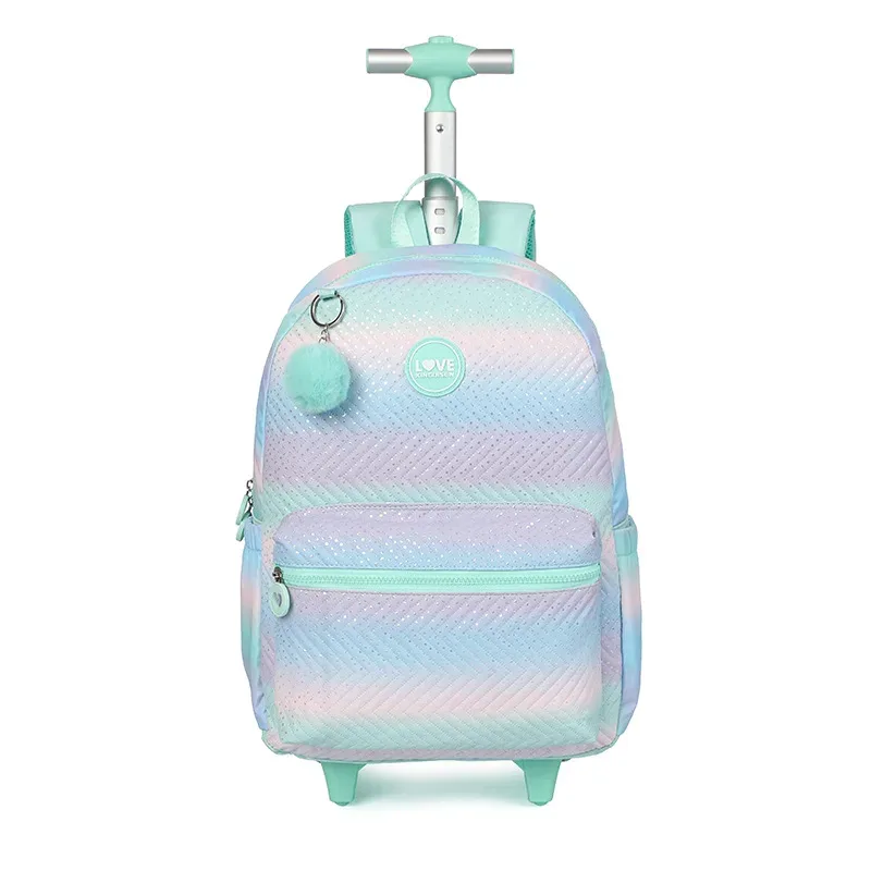 sac dos polyester forme rectangulaire motif bandes horizontales colorées pompons blancs roues poignée etudiante voyage sac école