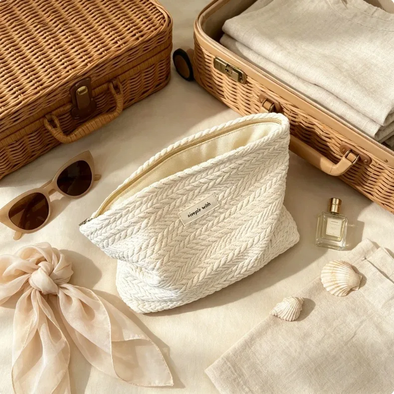pochette cosmétique tissée avec fermeture éclair - motif grain de riz, trousse de maquillage portable, organiseur de rangement de voyage pour femmes, léger