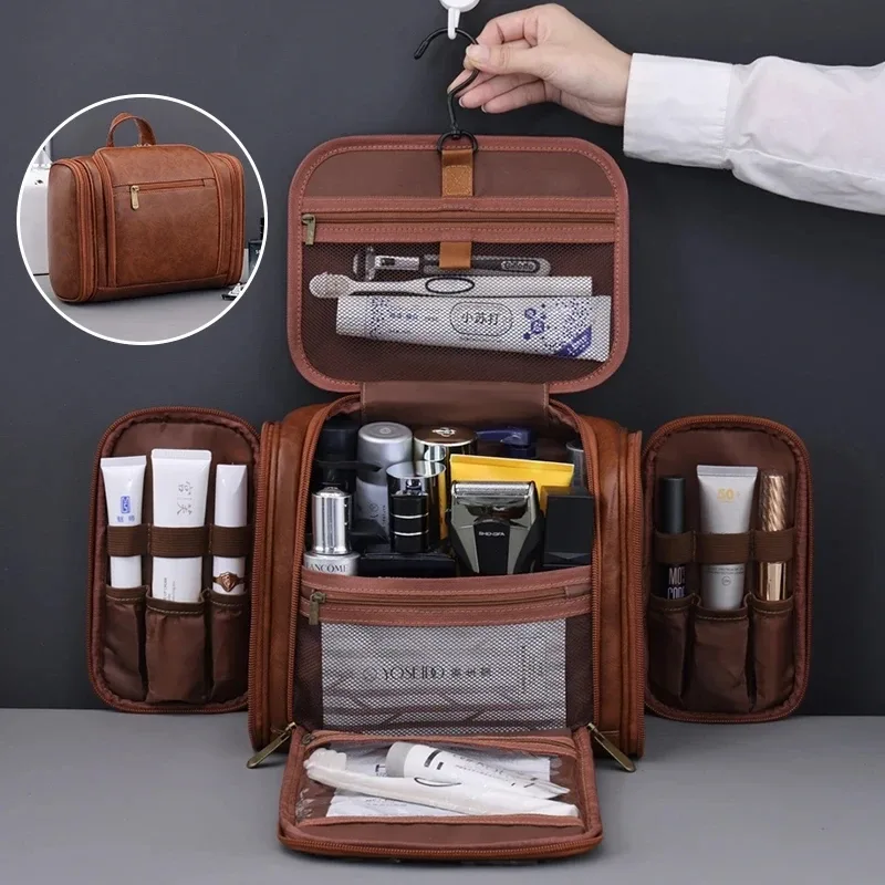 grande trousse de maquillage en cuir pu, organiseur de cosmétiques de voyage, pochette de toilette multifonctionnelle, étui de rangement imperméable pour unisexe