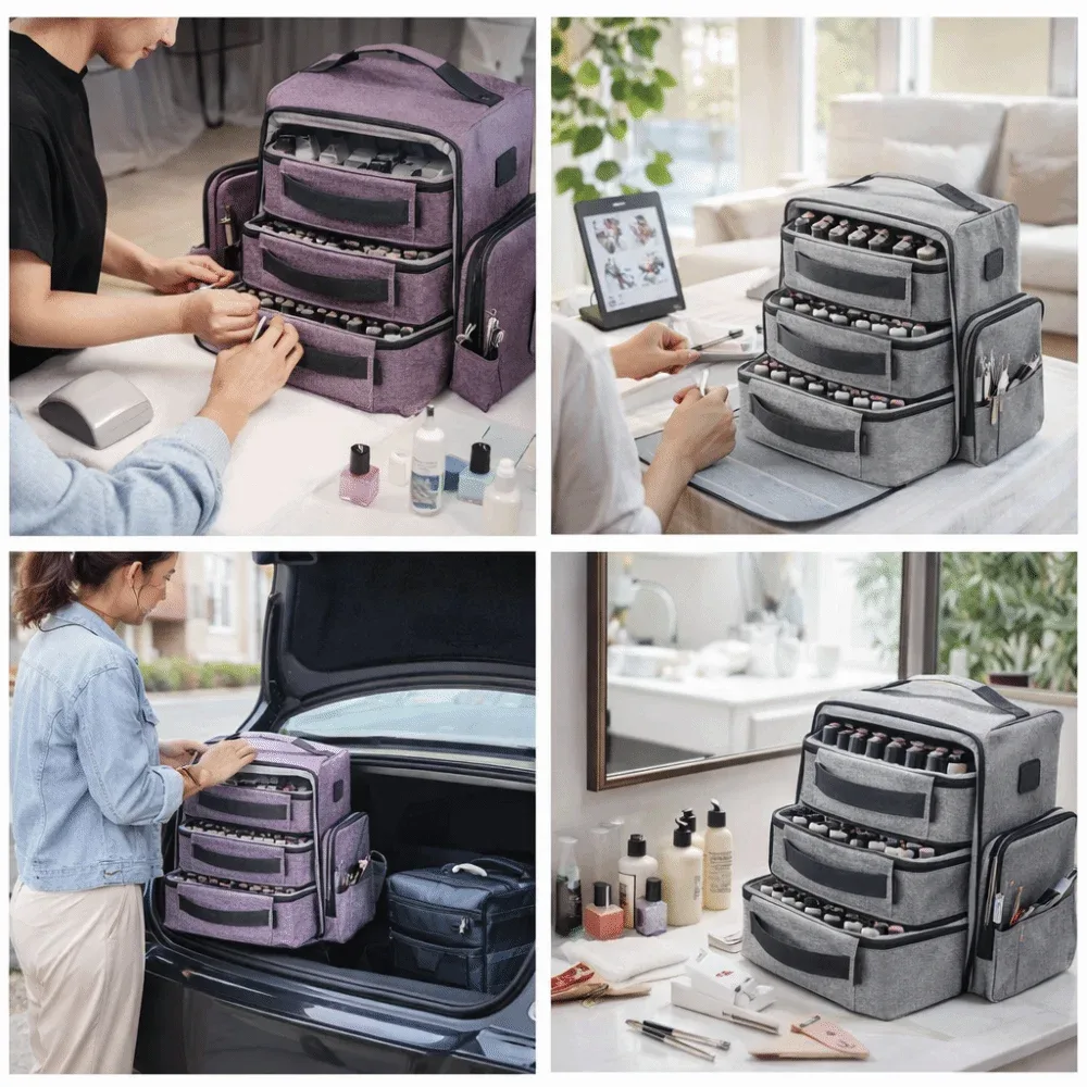 organisateur voyage polyester gris texturé compartiments zips noirs choisir organiser maquillage cosmétiques transport sécurité usage personnel modulable detachable antichoc capacité grande