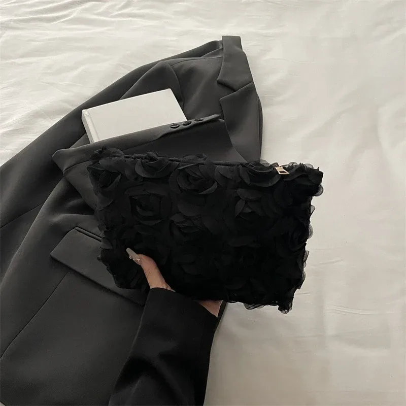 sac de maquillage portable noir pour femmes, grande capacité, dentelle blanche, fleurs, pochette cosmétique, sac à main pour dames, sac de rangement de toilette de voyage
