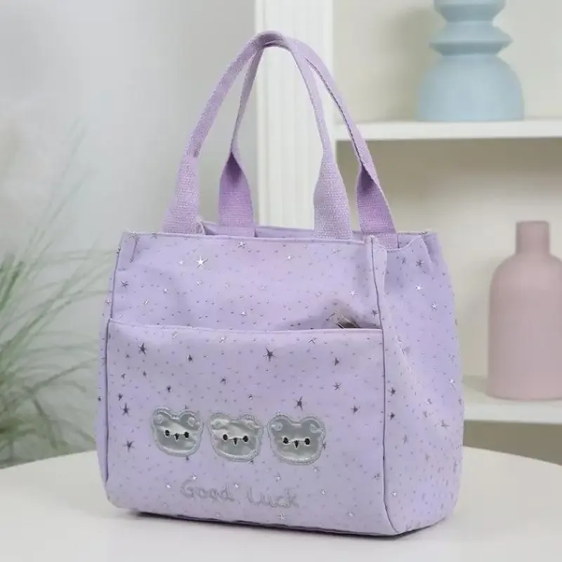 sac fourre-tout à grande capacité avec impression de tête d'ours mignon et étoiles scintillantes, décontracté et polyvalent, pour les voyages, les trajets quotidiens, le bureau, le déjeuner【smq】