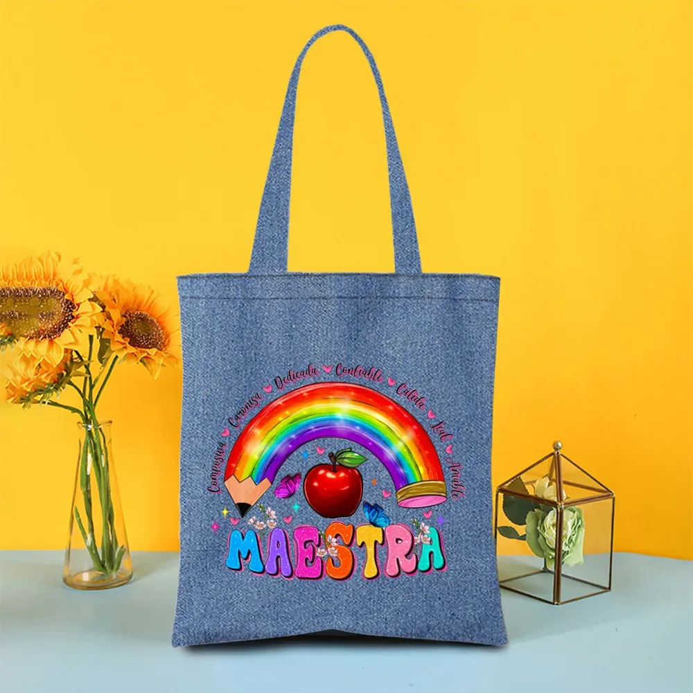 sac fourre-tout en denim peint pour enseignant arc-en-ciel, sacs de shopping pour femmes, sacs à main de voyage, fourre-tout pour la journée des enseignants, cadeaux de remerciement pour les enseignants