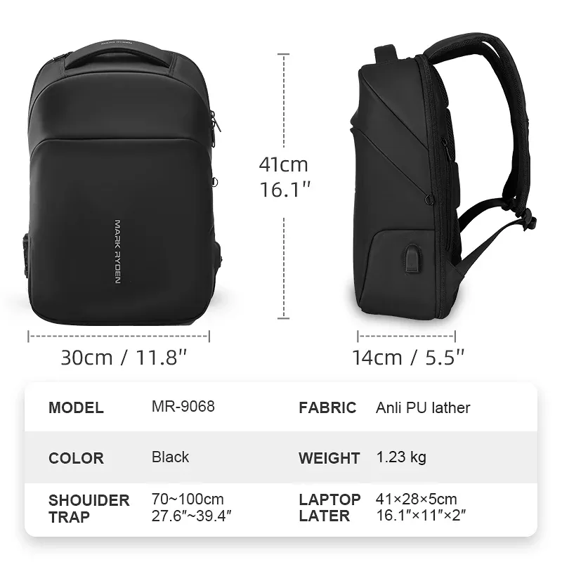 mark ryden-sac à dos étanche antivol pour homme, imperméable, sac pour ordinateur portable, sac d'école, sac de voyage, mode, tsa lock, 40*30*14, 15.6 pouces