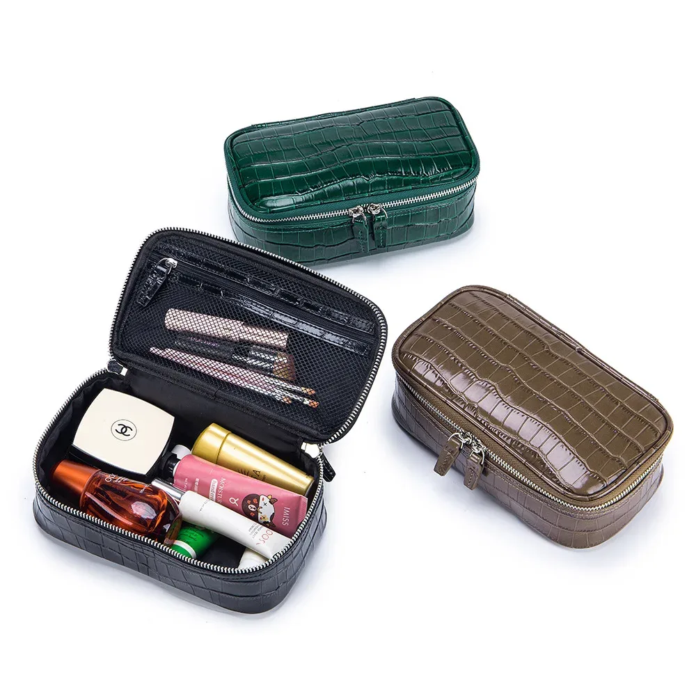 pochette de maquillage en cuir véritable à motif crocodile, grande capacité, portable, pour voyage, organiseur de toilette, sac à main, pochette cosmétique de luxe