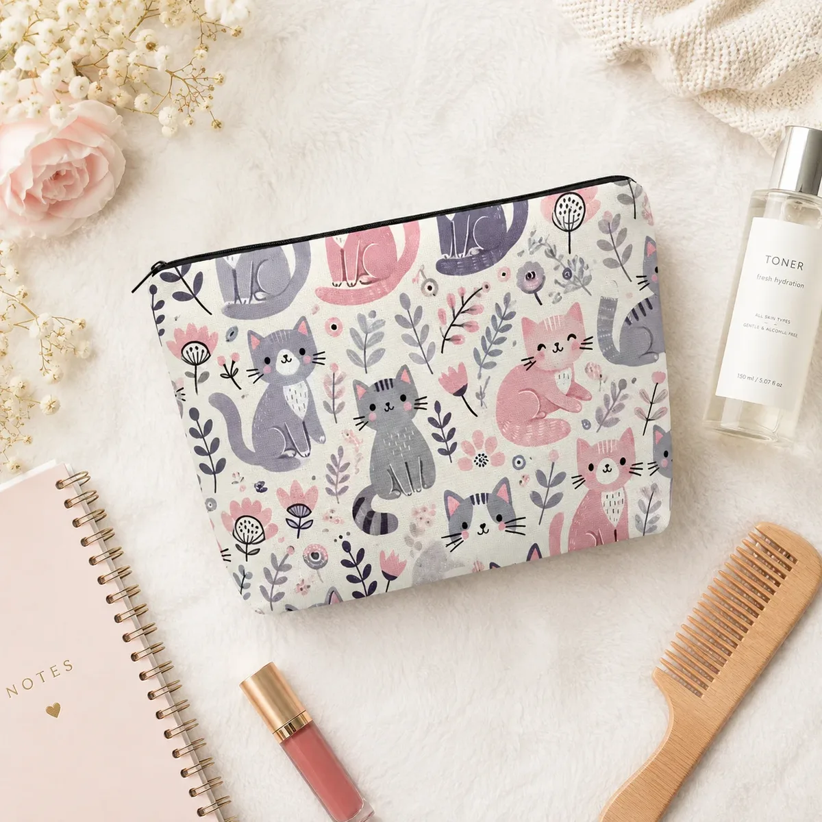 trousse de maquillage florale mignonne en toile imprimée chaton de dessin animé, pochette zippée portable de voyage pour amoureux des chats