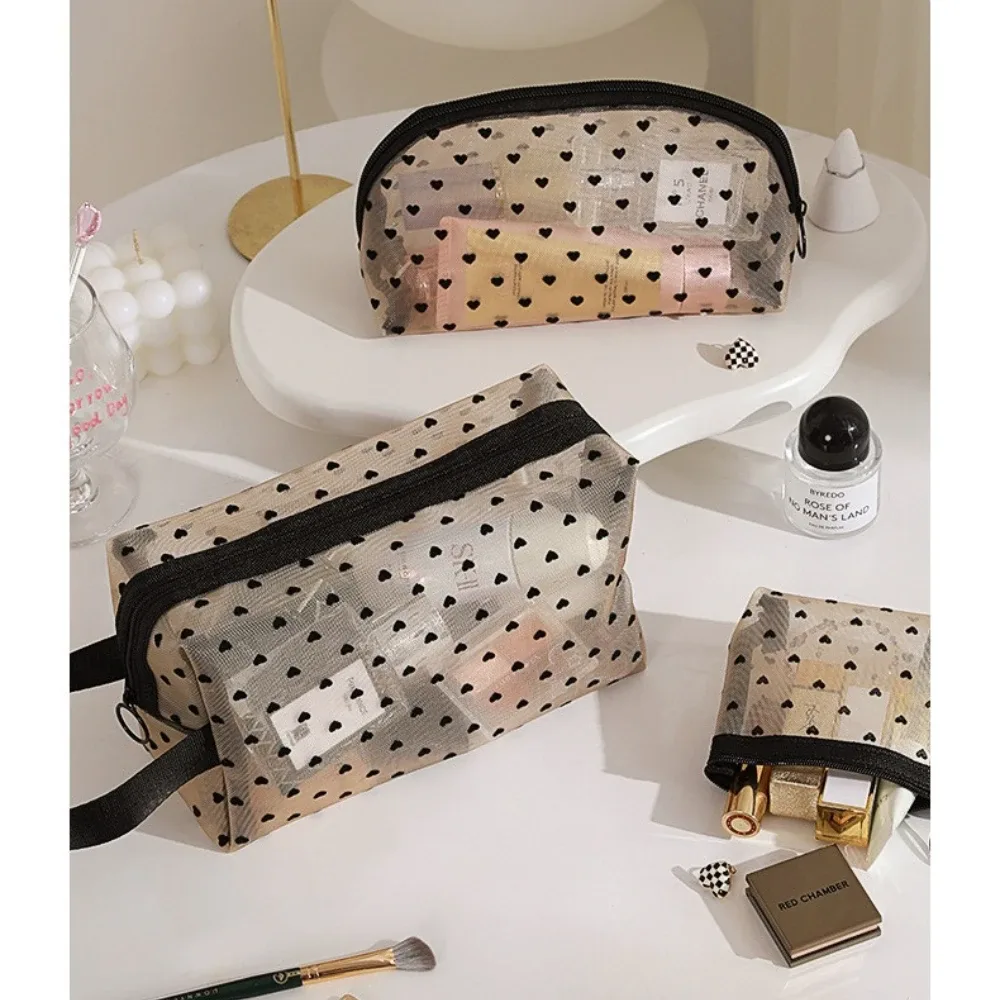 pochette de maquillage en forme de cœur, sac cosmétique en maille transparente, pochette de rangement multifonction portable, trousse de toilette de voyage, sacs à rouge à lèvres à fermeture éclair