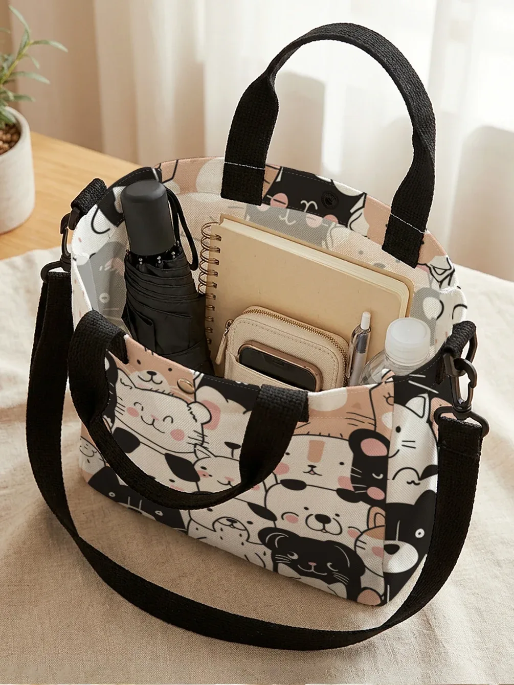 sac fourre-tout en toile à imprimé animalier mignon, avec bandoulière amovible, sac à main bandoulière pour femme, pour les courses quotidiennes