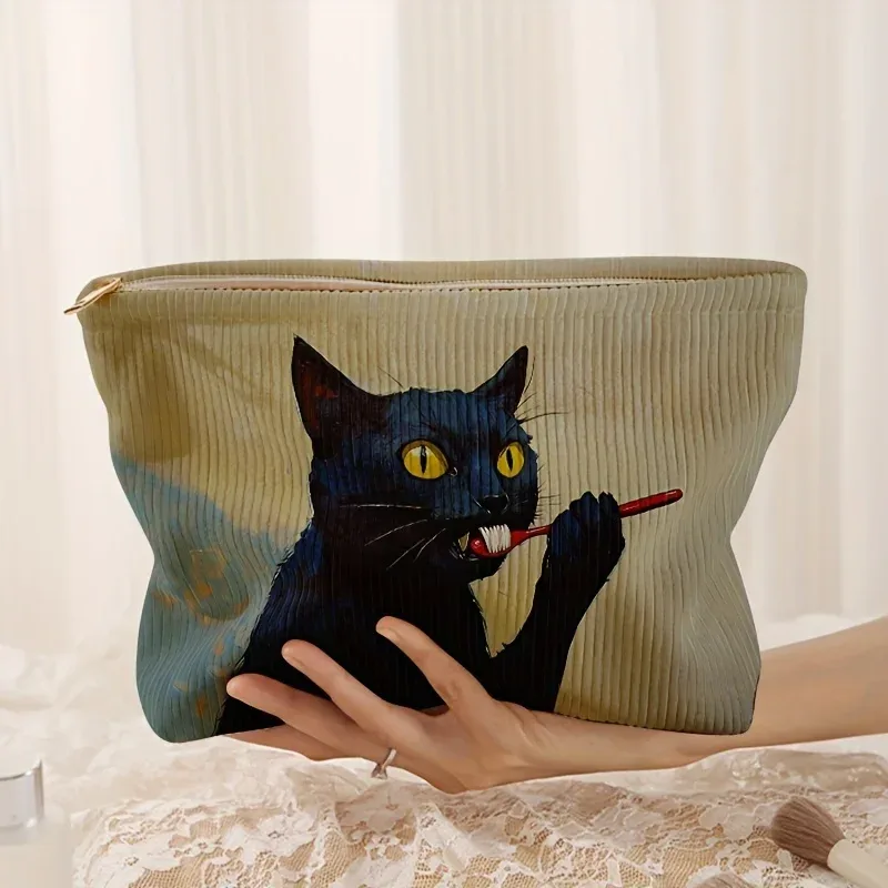 1 pièce, trousse de maquillage en velours côtelé à motif de chat noir, boîte de rangement légère à fermeture éclair, sac multifonctionnel avec doublure