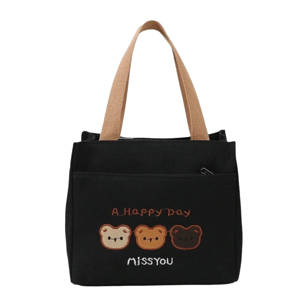 sac fourre-tout brodé avec 3 ours mignons, fermeture à glissière, grande capacité, sac à déjeuner en toile, sac à main léger réutilisable pour pique-nique