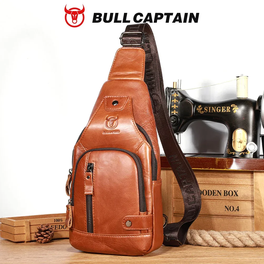 bullcaptain – sac de poitrine usb pour hommes, sacs à bandoulière 100% cuir véritable, sacoche multifonction de voyage et d'extérieur, sac messager à la mode