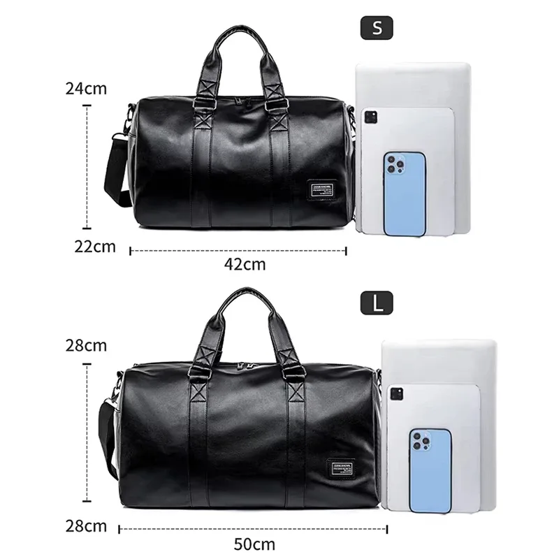 grand sac de voyage fourre-tout pour hommes et femmes, bagage à bandoulière pour extérieur, sac de week-end pour courtes distances, pochette de transport, sac sec/humide en pu