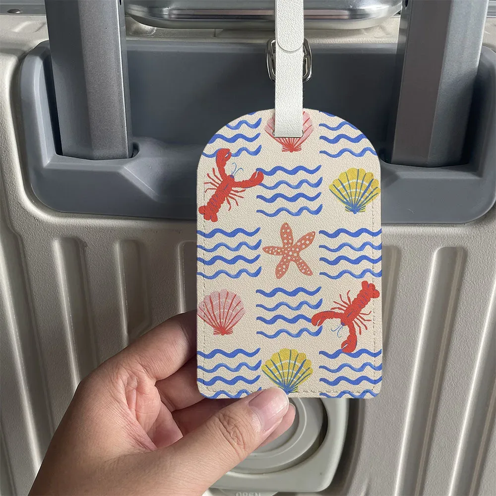 étiquette de bagage en pu motif coquille de homard et étoile de mer, style peint à la main, idéale pour valise, sac à dos, sac à main