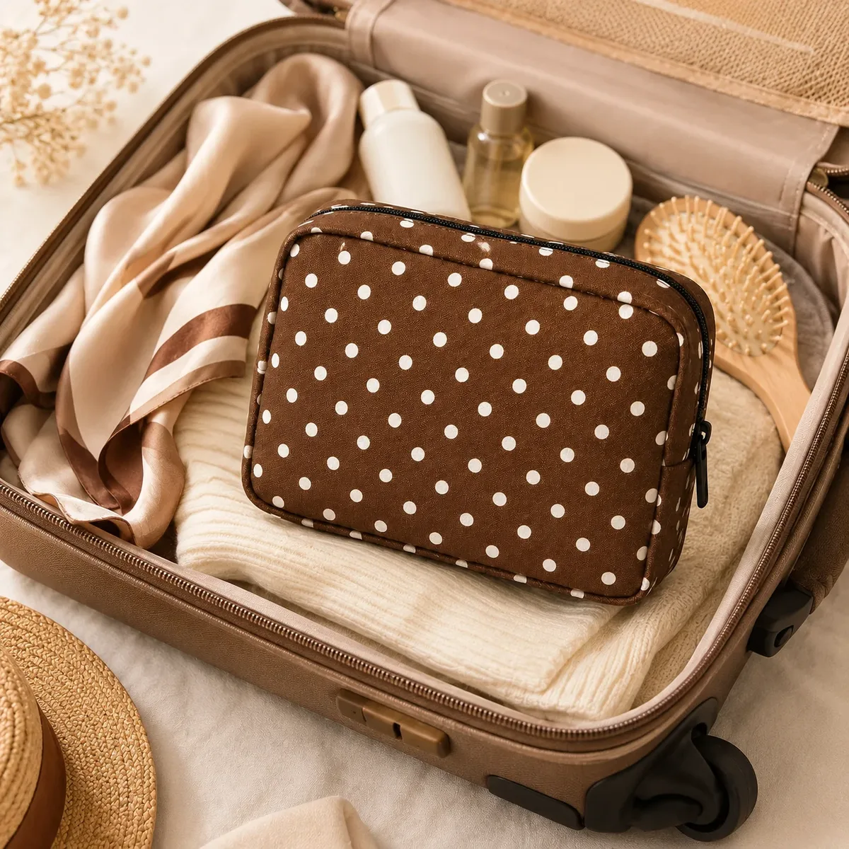 trousse de maquillage marron à pois, pochette portable grande capacité, organisateur de toilette pour femmes, essentiels de beauté quotidiens et de voyage