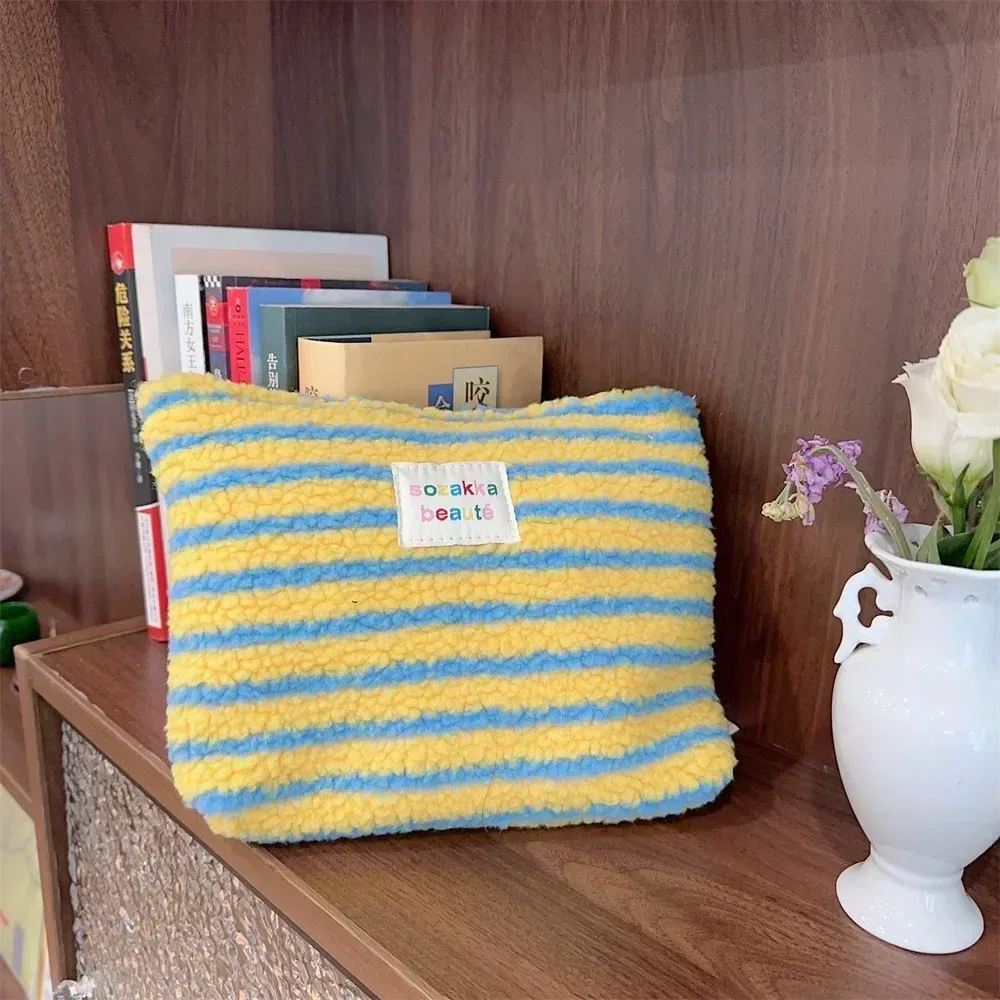 pochette rétro rayée pour femmes, sac à cosmétiques, trousse de toilette en peluche, sacs de maquillage, pochette de maquillage, étui de voyage, organisateur de cosmétiques