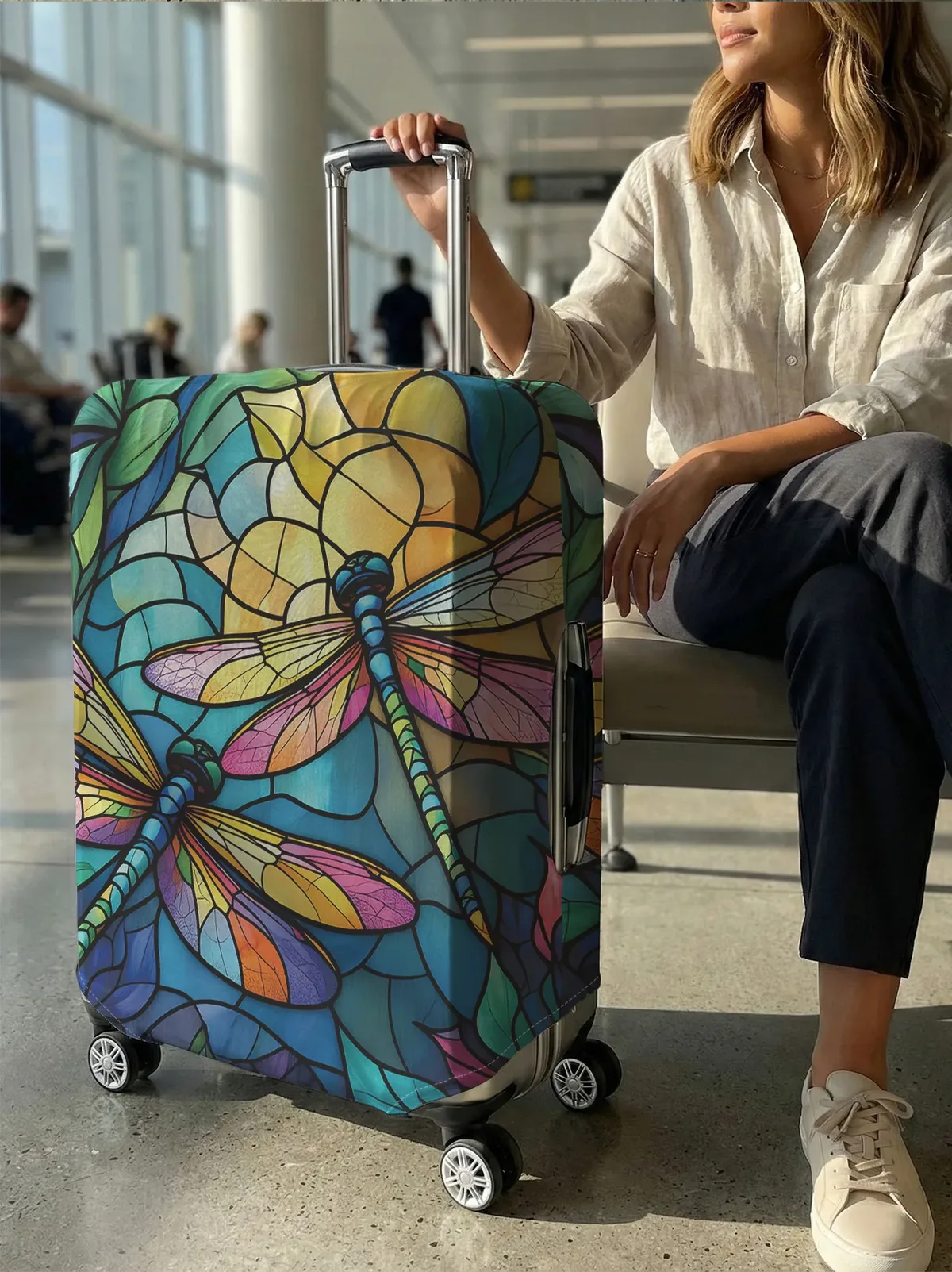 housse de bagage motif libellule style vitrail, convient aux bagages de 18 à 32 pouces, protège-poignée de bagage, accessoires de voyage