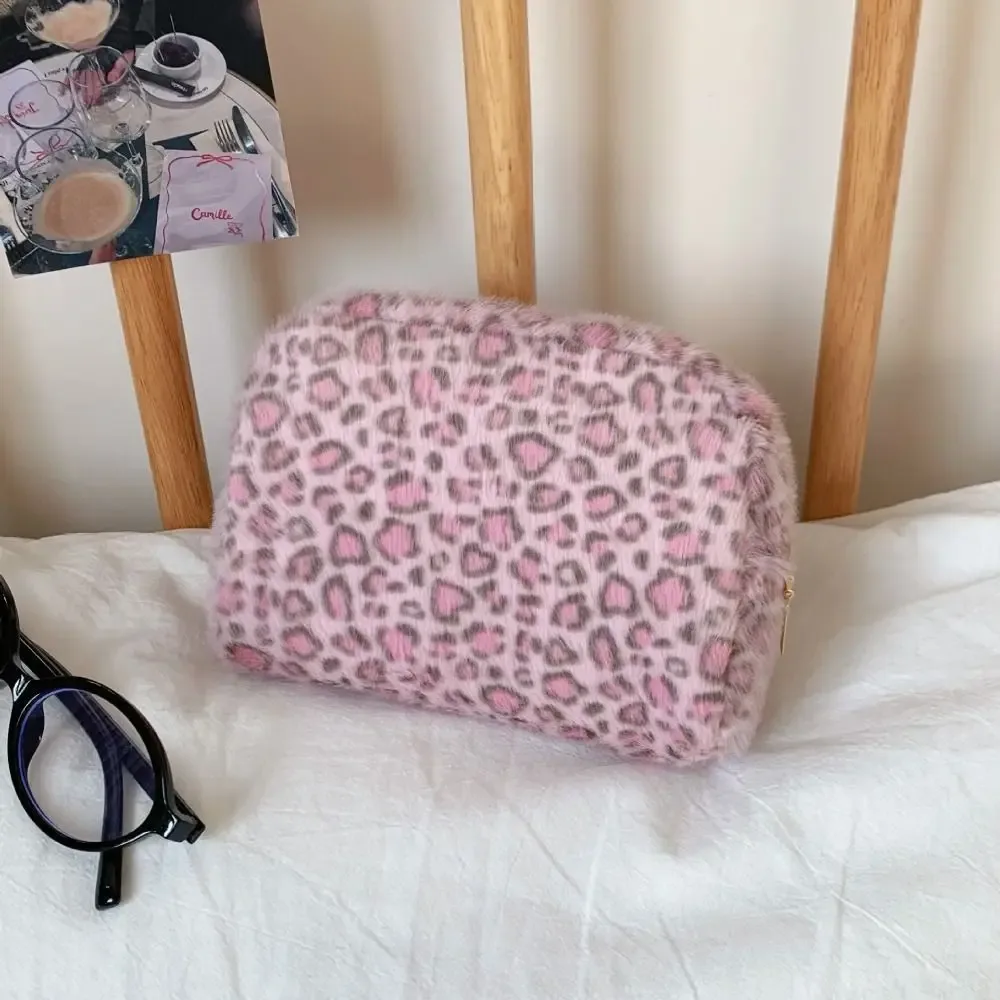 sac à maquillage multifonctionnel en fourrure, imprimé léopard, grande capacité, sac à cosmétiques portable, pochette de rangement de voyage, sac à cosmétiques pour filles
