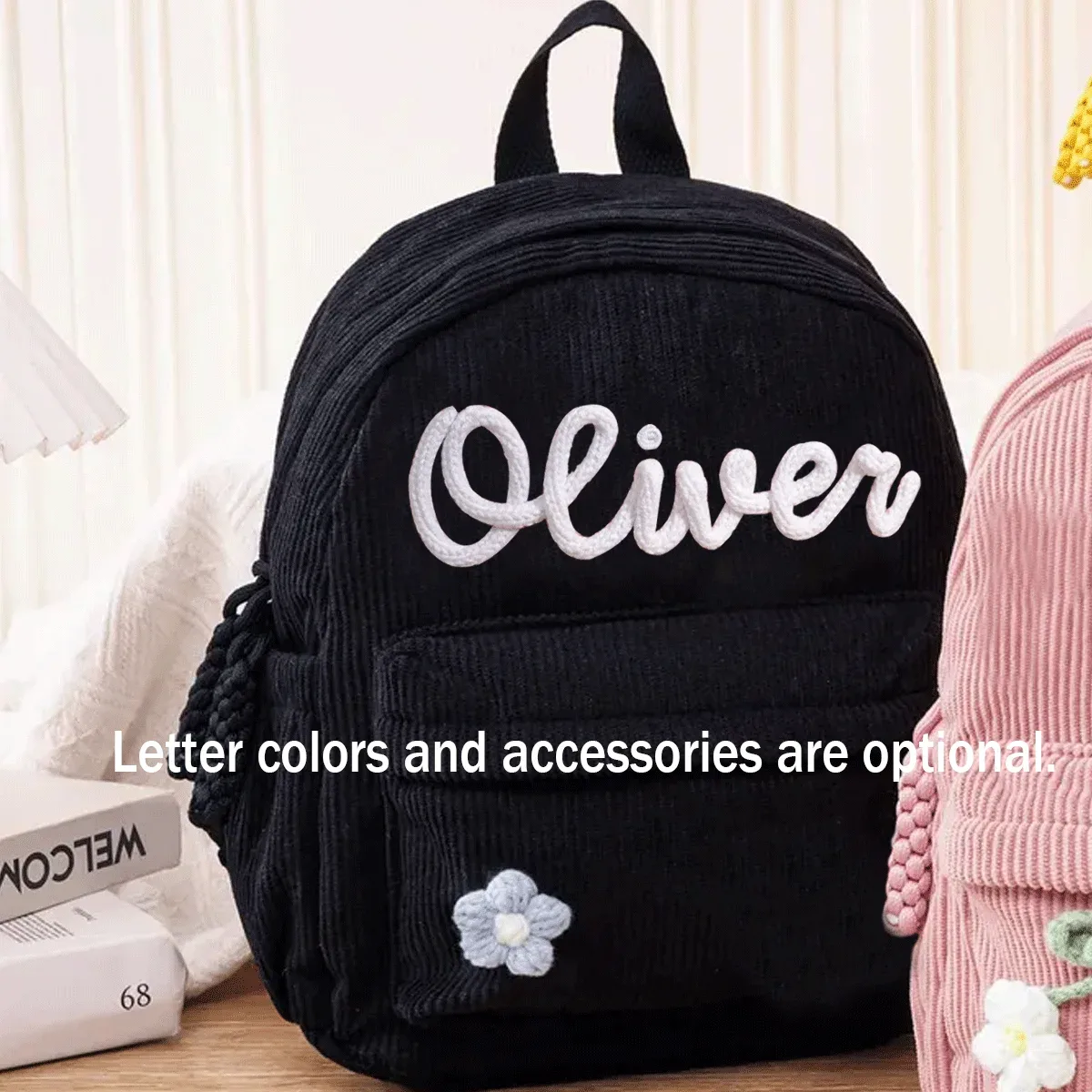 sacs à dos personnalisés en velours côtelé – sacs à dos brodés sur mesure, décorations florales/animalières, styles parent-enfant, sac pour sœur/frère