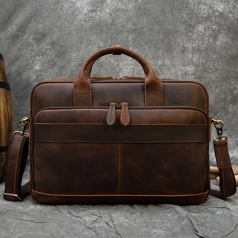 sac à main pour ordinateur portable de style rétro, en cuir véritable, sac décontracté de 15,6 pouces, sac d'affaires pour le travail quotidien, sac fourre-tout pour hommes, sac pour documents.