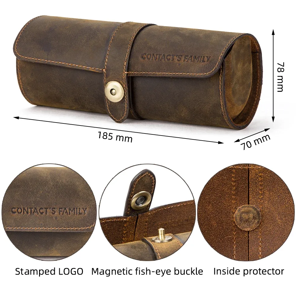 organisateur voyage montres cuir marron vieilli fermeture magnétique trois supports vintage retour traité montres stockage