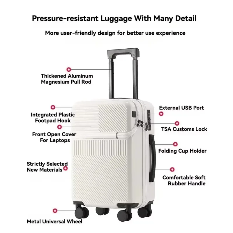 valise de poche à ouverture avant, bagages roulants de voyage, chariot en alliage d'aluminium abs + étui pour pc avec roue rotative, port de chargement usb