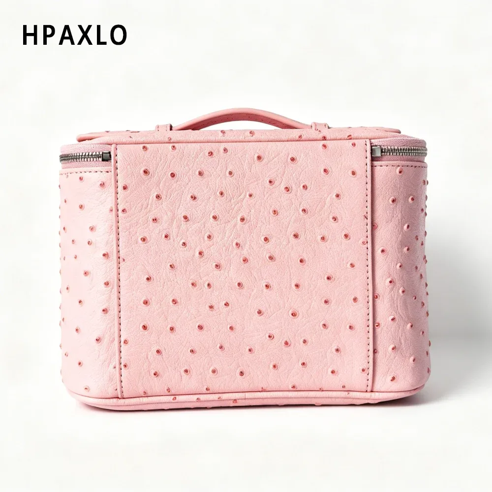 nouvelle trousse de toilette en cuir véritable à motif autruche pour femmes, grande capacité, organisateur de salle de bain de luxe