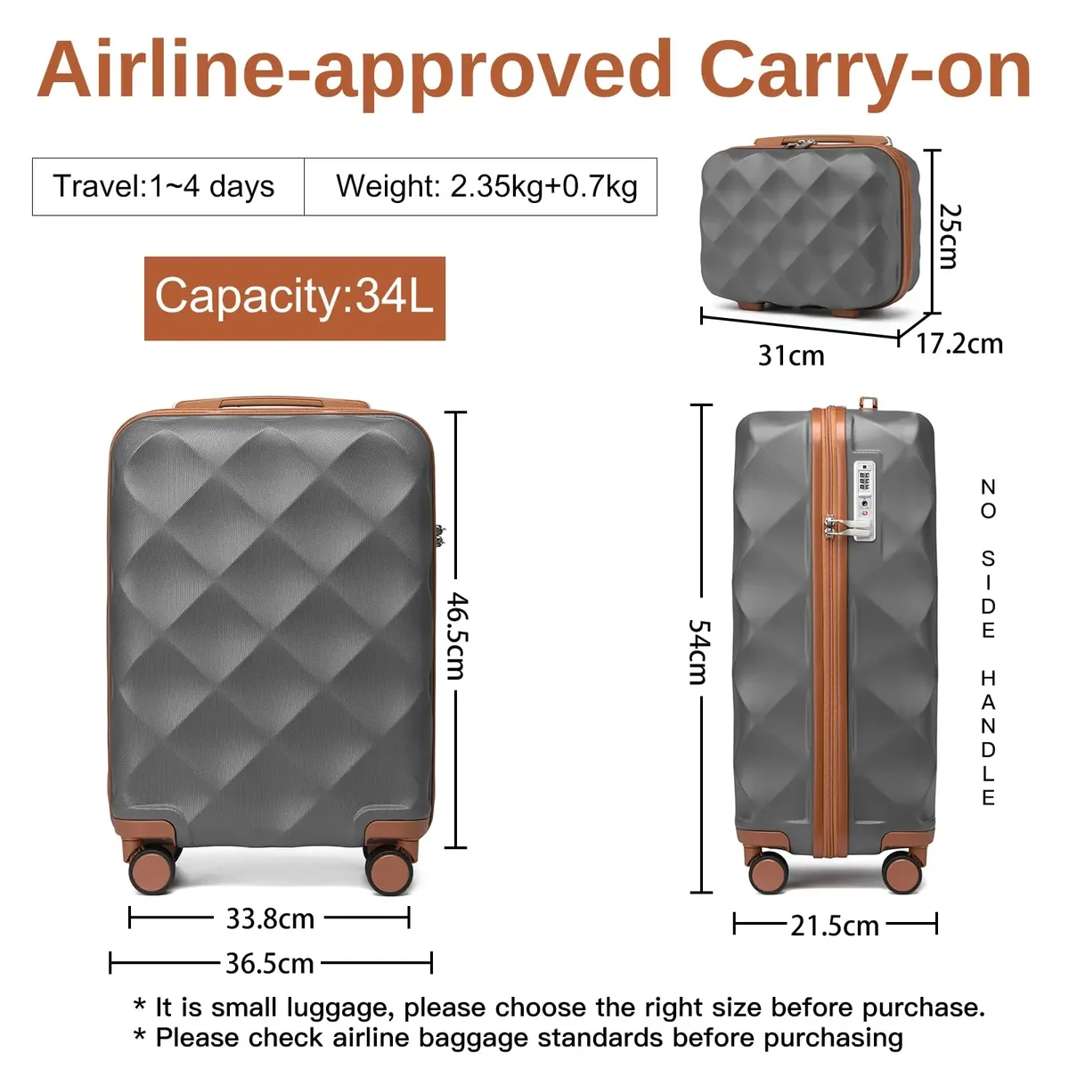 ensemble de bagages 2 pièces british traveler | mallette cabine avec serrure tsa et trousse de toilette | 4 doubles rouleaux | 31 + 54 cm