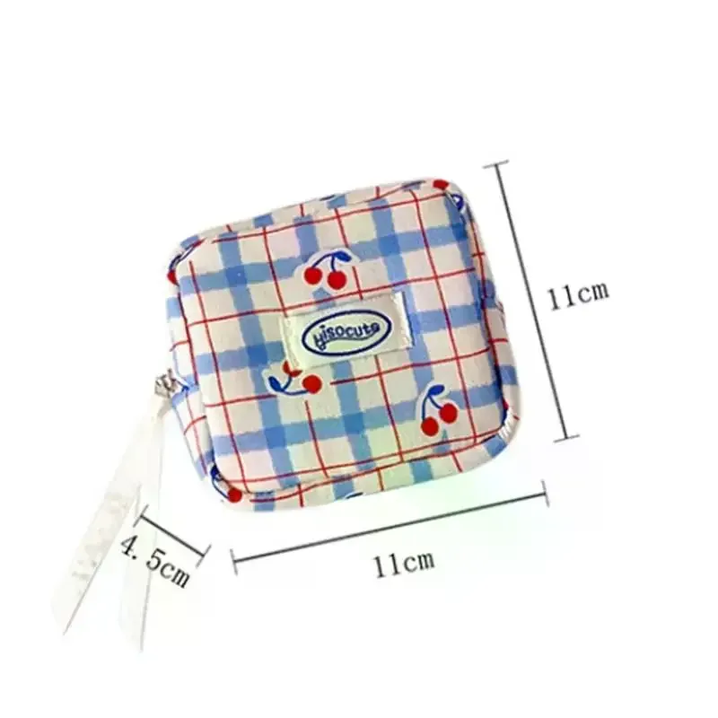 grande trousse de toilette coréenne à carreaux, sac à serviettes hygiéniques à petites cerises de grande valeur, mini sac de rangement portable, sac pour casque bluetooth